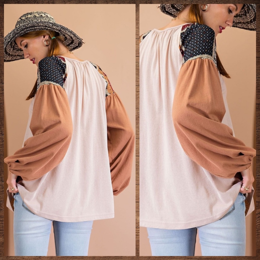 EASEL Tribal Aztec Print Silky Balloon Bubble Sleeve Top Jersey - T-Shirt Bodice - Picture 2 of 12